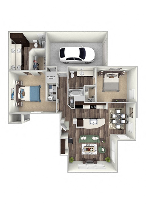 Floor plan for 2 beds, 2 baths, 1170 sqft